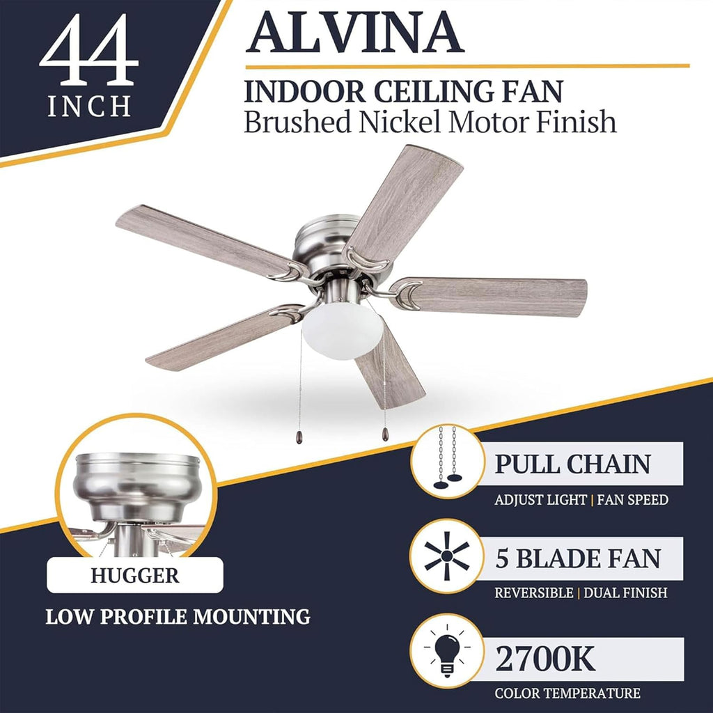 Alvina, 44 Inch Traditional Flush Mount Indoor LED Ceiling Fan with Light, Pull Chain, Dual Finish Blades, Reversible Motor - 51585-01 (Satin Nickel)