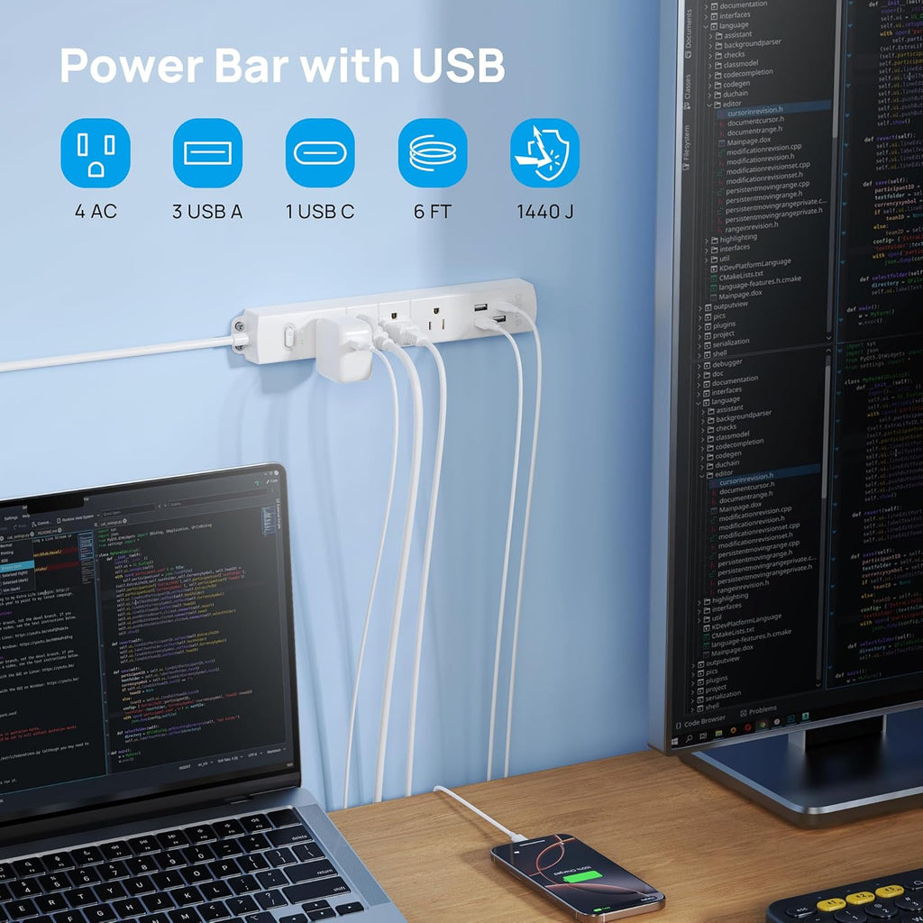 Surge Protector Power Strip with USB, 4 AC Outlets & 4 USB Ports, 1440 Joules, Right-Angle Flat Plug & 6Ft Long Cord, Wall Mount for Workbench, Nightstand, Dresser, Home, Office, Desk, White