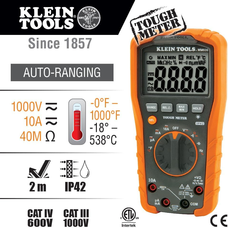 MM600 HVAC Multimeter, Digital Auto-Ranging Multimeter for AC/DC Voltage, and Current, Temperature, Frequency, Continuity, More