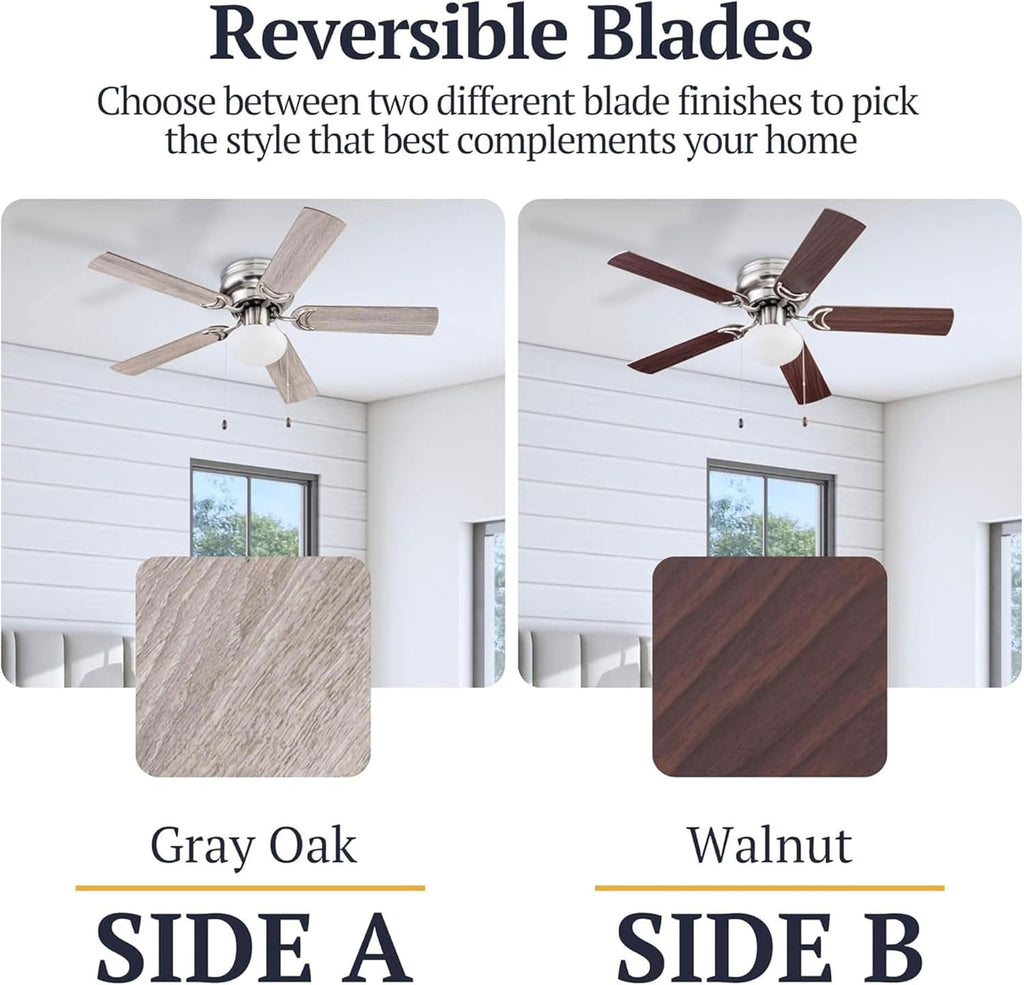 Alvina, 44 Inch Traditional Flush Mount Indoor LED Ceiling Fan with Light, Pull Chain, Dual Finish Blades, Reversible Motor - 51585-01 (Satin Nickel)