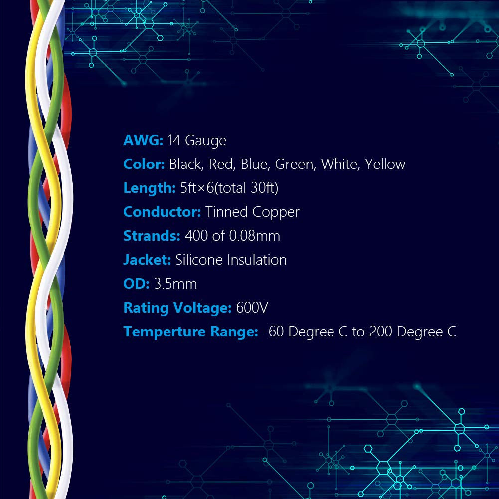 14 Gauge Electrical Wire Silicone Cables Hook up Wire Kit 6 Colors 5Ft Each 14 AWG Stranded Wire from