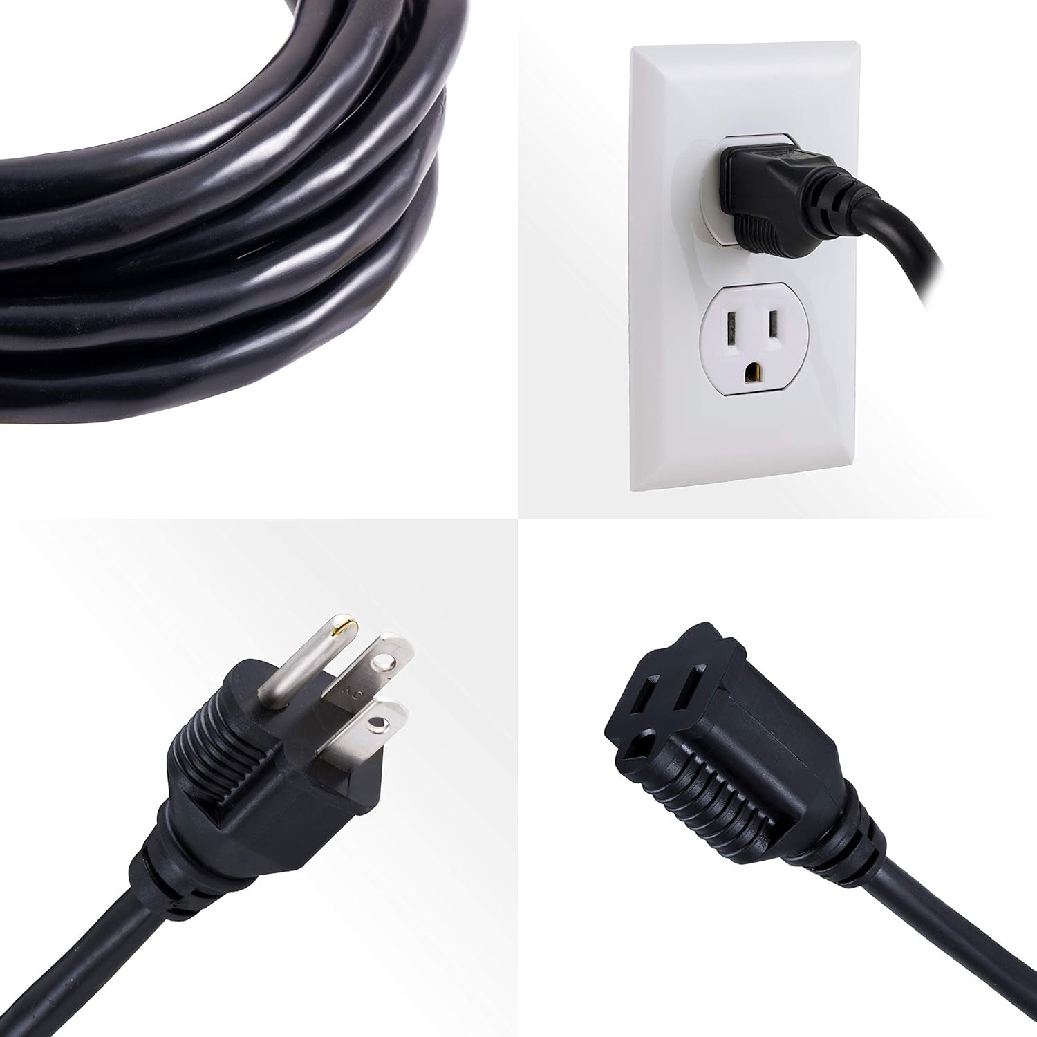 15 Ft Extension Cord, Double Insulated, Indoor/Outdoor, General Purpose, 3 Wire, 16 Gauge, Ideal for Outdoor Lighting, UL Listed, Black, 36824-T1